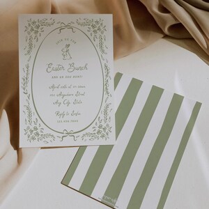 May include: A white invitation card with a green border and floral design. The text on the card reads "Join us for Easter Bunch and an egg hunt!"  April 20th at 11:30am 102 Anywhere Street Any City, State Reply to Sofia 123.456.7800