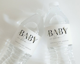 Baby in Bloom Water Bottle Label Floral Shower Template Printable Editable Bottle Label Minimalist Floral Boho Baby Shower, 0008