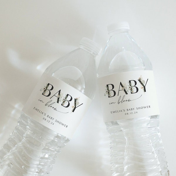 Baby in Bloom Water Bottle Label Floral Shower Template Printable Editable Bottle Label Minimalist Floral Boho Baby Shower, 0008