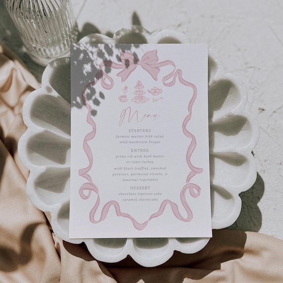 Tea Party Menu Template Pink Bow Tea Party Food Menu Editable Hand Drawn Pink Par-Tea Drink Menu Coquette Tea for Two Digital Download, 0078