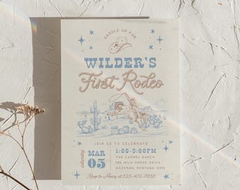Modello di invito per il primo rodeo, invito di compleanno per ragazzo, stile cowboy western blu, selvaggio West, modificabile, stampabile, download immediato, 0131
