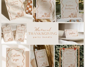 May include: A Thanksgiving party stationery bundle featuring off-white paper with copper-colored wavy borders and line art illustrations of table settings. Includes invitations, menus, welcome signs, gift tags, place cards, and bottle labels.