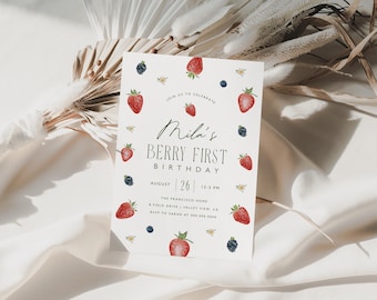 Berry First Birthday Invitation Blueberry Strawberry 1st Birthday Party Invite Printable Berry Invitation Template Berries Invitation, 0013