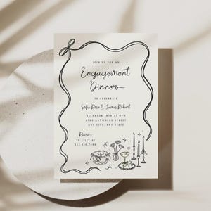 Invitación a una fiesta de compromiso, plantilla de invitación a una cena, dibujada a mano, editable, en blanco y negro, con lazo coqueto, imprimible, 0073