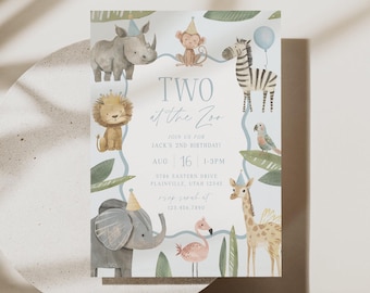 May include: A birthday invitation card featuring watercolor illustrations of a rhino, monkey, zebra, lion, elephant, flamingo, giraffe, and parrot. The text reads: TWO at the Zoo, JOIN US FOR JACK'S 2ND BIRTHDAY! AUG 16 1-3PM 5786 EASTERN DRIVE PLAINVILLE, UTAH 12345 RSVP SARAH AT 123.456.7890.