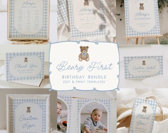 Beary First Birthday Bundle Teddy Bear 1st Birthday Party Decor Package Blue Gingham Printable Template Download, 0135
