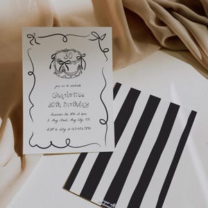 Puede incluir: Una invitación de cumpleaños en blanco y negro con una ilustración dibujada a mano de un pastel con el número 30 en la parte superior. La invitación dice "únase a nosotros para celebrar el 30 cumpleaños de Charlotte" e incluye la fecha, la hora, la dirección y la información de RSVP.