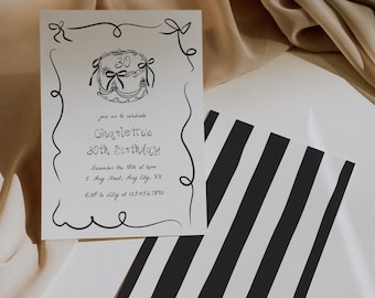 Coquette Birthday Party Invitation Bow Cake Invite Whimsical Hand Drawn Dinner Party Invite Template Editable Whimsical Bow Printable, 0075