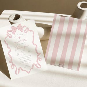 Faire-part de baptême fille noeud, faire-part de baptême coquette rose, faire-part de baptême, modèle modifiable, noeud rose, invitation imprimable, 0078
