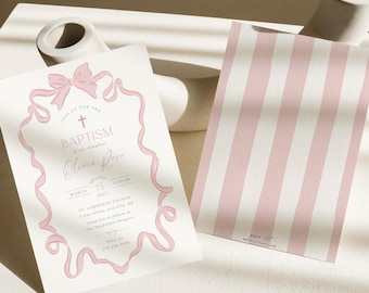 Baptism Invitation Girl Bow Baptism Invitation Pink Coquette Christening Invite Editable Template Hand Drawn Pink Bow Invite Printable, 0078