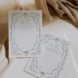 Modelo de Carta de Amor para a Noiva Chá de Panela Limão Chá de Panela Azul Verão Europeu Desenhado à Mão Chinoiserie Editável Download, 0101