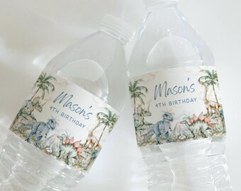 May include: Two clear plastic water bottles featuring custom labels with watercolor dinosaur illustrations, palm trees, and volcanoes. The text on the labels reads Mason's 4TH BIRTHDAY in blue script and block lettering against a white background.