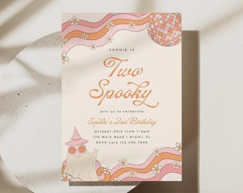 Two Spooky Halloween Invitation Template Girl Ghost Birthday Invitation Retro Halloween Party Invite Groovy Editable Printable, 0054