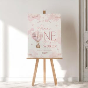 ONEderful World Birthday Welcome Sign Hot Air Balloon Sign First Birthday Girl DIY Party Printable Sign Template, 0044