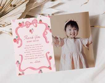 Berry Thank You Card Berry First Birthday Photo Thank You Postcard Strawberry Card Berry Party Decoration Printable Card Template, 0087