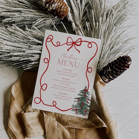 Christmas Menu Hand Drawn Holiday Party Dinner Menu Whimsical Bow Frame Menu Template Editable Cocktail Party Food Menu Printable, 0062