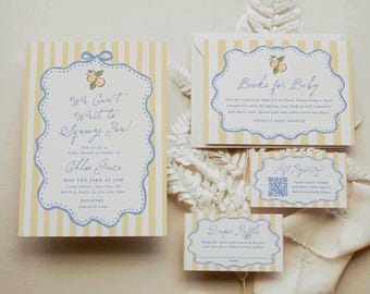 No puedo esperar a abrazarte - Invitación personalizada para baby shower con diseño de limón azul - Plantilla de invitación para libros de regalos editables para bebés, 0136