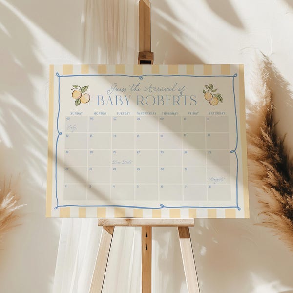 Baby Fälligkeit Datum Kalender Errate die Ankunft Zeichen Zitrone Babyparty Aktivität Personalisierte Baby Geburtsvorhersage Poster Printable, 0136