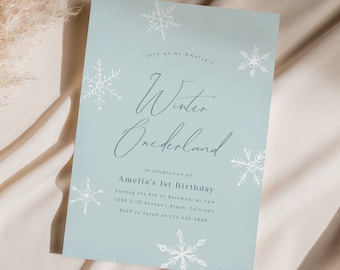 Invitación de cumpleaños de Winter Onederland: Chica copo de nieve, editable, moderna, plantilla imprimible de Winter Wonderland, publicación sin papel, 0017