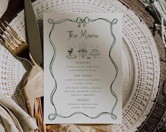 Christmas Dinner Menu Hand Drawn Holiday Party Menu Whimsical Bow Frame Menu Template Editable Cocktail Party Food Menu Printable, 0070