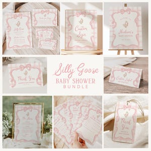 Goose Baby Shower Bundle Silly Goose Girl Baby Shower Pink Gingham Shower Template Whimsy Bow Vintage Mother Goose Invite Printable, 0094