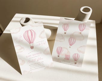 Hot Air Balloon Baby Shower Invitation Up Up and Away Shower Invitation Template Editable Pink Hot Air Balloon Invite Adventure Awaits, 0091