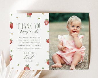Berry First Birthday Thank You Card Photo Thank You Card Strawberry Thank You Card Berry Party Decoration Printable Card Template, 0013