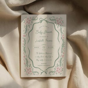 Floral Baby Shower Invitation Chinoiserie Hand Drawn Shower Template Editable Pink and Green Floral Invite Printable Digital Download, 0112