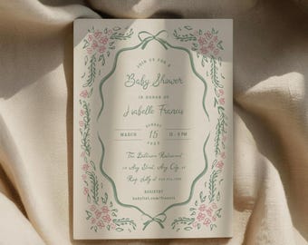 Floral Baby Shower Invitation Chinoiserie Hand Drawn Shower Template Editable Pink and Green Floral Invite Printable Digital Download, 0112