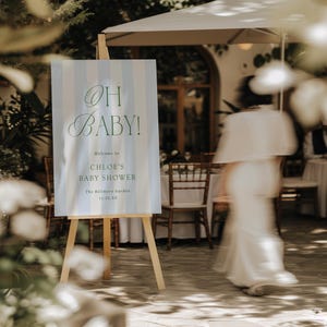 Pu&ograve; includere: Un cavalletto di legno espone un cartello con le parole "Oh Baby!" in verde sopra il testo "Benvenuti al baby shower di Chloe". Il cartello ha uno sfondo a righe blu chiaro e bianco. L'evento si svolge a The Biltmore Garden.