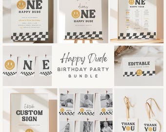 One Happy Dude Bundle Cool Dude Birthday Party Pack Retro Boy First Birthday Invitation Editable Template Digital Download Printable, 0021