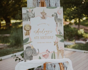 May include: A welcome sign for a 4th birthday party with a safari theme. The sign features a light brown background with a pink border and illustrations of animals such as a zebra, giraffe, elephant, rhino, monkey, and flamingo. The text on the sign reads "Welcome to Audrey's 4th Birthday, Safari Zoo | 08.16.XX".