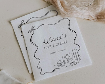 Plantilla de servilleta de cóctel editable, descarga de servilleta para cena, servilleta de mesa con dibujo a mano original, servilleta imprimible con lazo caprichoso, 0073