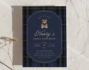 Invitación de cumpleaños de oso polo para niño preppy, primer cumpleaños, plantilla imprimible a cuadros vintage, descarga digital, 0122