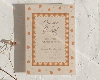 Zaproszenie na urodziny Little Pumpkin z motywem dyni Oh My Gourd, spersonalizowane, urocze, jesienne przyjęcie urodzinowe, edytowalny szablon, pobieranie cyfrowe, 0151 0155