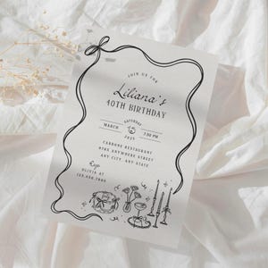 Convite para festa de aniversário, modelo de convite para jantar desenhado à mão, editável, preto e branco, coquete, laço, cartão, para impressão, 0073