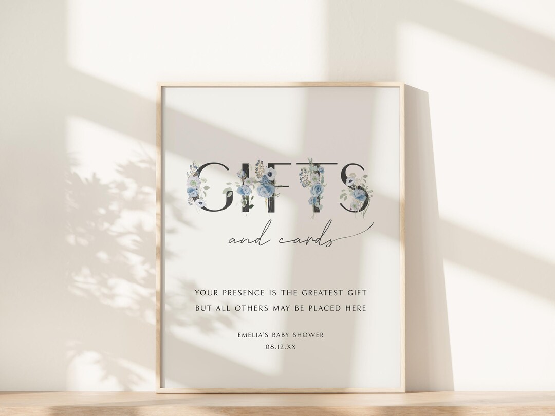 Gift Table Sign Gifts and Cards Table Sign Baby in Bloom Blue Floral ...