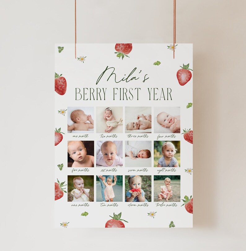 May include: A baby milestone poster, featuring the text "Mila's Berry First Year." The poster has twelve photo slots, each labelled with a month, and is decorated with strawberry and floral illustrations. It's designed to display a baby's monthly photos, a lovely keepsake.