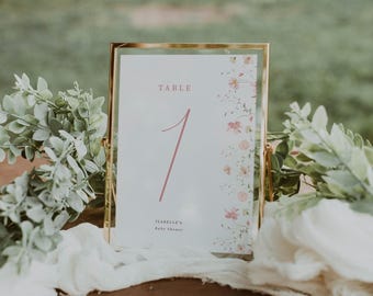 Floral Table Number Sign Template Seating Chart Editable Table Number Card Whimsical Pink Flowers Hand Drawn Sign, 0022