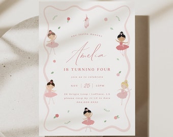 May include: A pink and white invitation card with a ballerina theme. The card features a pink ribbon with a ballerina illustration on each end. The text on the card reads "our little dancer Amelia is turning four join us to celebrate NOV 25 12PM 26 Grigio Loop Laplace, LA please rsvp by 11/15 to Kate 504.609.9332".