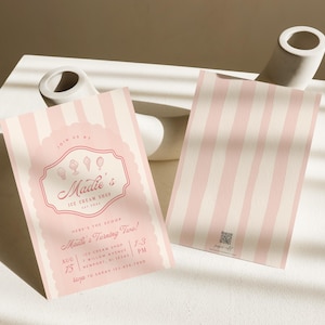 May include: Pink and white striped invitation card with the text "Join us at Maddie's Ice Cream Shop" and a graphic of ice cream cones. The invitation is for a birthday party on August 7th at 1:30 PM.