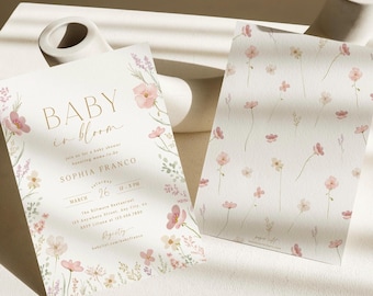 Baby in Bloom Invitation Pink Floral Baby Shower Invitation Template Editable In Bloom Flowers Printable Invitation Digital Invite, 0085