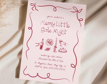 Christmas Girls Night Invitation Hand Drawn Holiday Party Invite Template Printable Christmas Party Invite Editable Coquette Bow Card, 0071