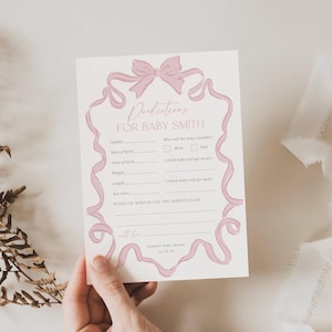 Kaart babyvoorspelling Babyshowerspelletjes Roze strik Babyadvieskaart Voorspelling wensen Afdrukbare sjabloon douchespelletjes Digitale download, 0078
