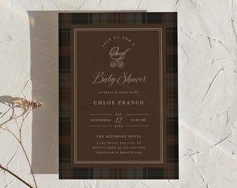 Fall Baby Shower Invitation Classic Plaid Carriage Invite Personalized Template Editable Digital Download, 0154