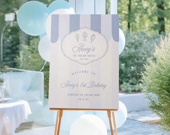 Ice Cream Welcome Sign Blue Ice Cream Birthday Party Welcome Board Ice Cream Social Retro Editable Ice Cream Shop Template Printable, 0100
