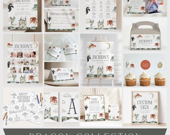 May include: A dragon-themed birthday party stationery collection featuring illustrations of castles, dragons, and moons. The set includes invitations, thank you cards, milestone signs, cupcake toppers, favor boxes, and coloring pages with text like Jackson's and Custom Sign.