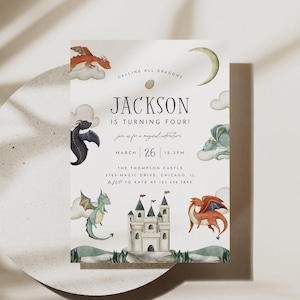 Op de afbeelding: Een verjaardagsuitnodigingskaart met aquarelillustraties van draken, een kasteel, wolken en een maansikkel. De tekst luidt: CALLING ALL DRAGONS, JACKSON IS TURNING FOUR!, join us for a magical adventure, MARCH 26, 12-3PM, THE THOMPSON CASTLE, 3765 MAGIC DRIVE, CHICAGO, IL, RSVP TO KATE AT 123.456.7890.