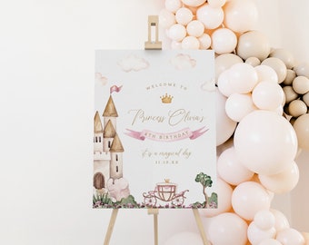 Prinses welkomstbord Prinses Verjaardagsfeestje Magisch Sprookjesfeest Magisch kasteel Bewerkbaar bord Aanpasbaar bordsjabloon afdrukbaar, 0028