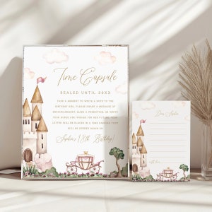 Princesa tempo cápsula sinal e carta mágico conto de fadas festa de aniversário castelo mágico sinal de aniversário editável modelo de sinal para impressão, 0028